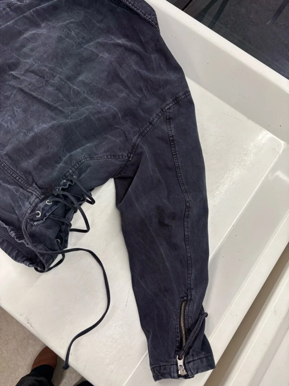Free People Black Washed Denim Biker Jacket with Asymmetric Zip - Picture 5 of 6
